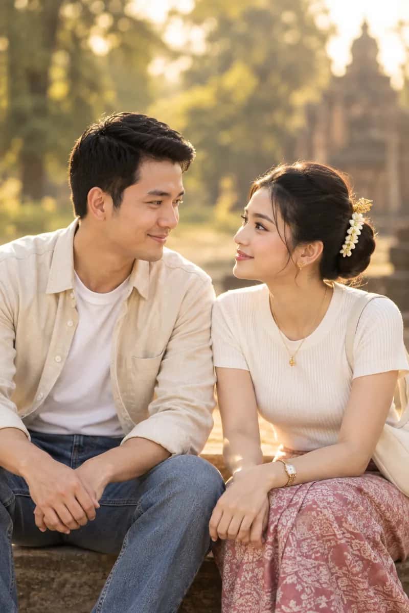 Aung Thura and Hnin Ei Phyu laughing together on their first meeting