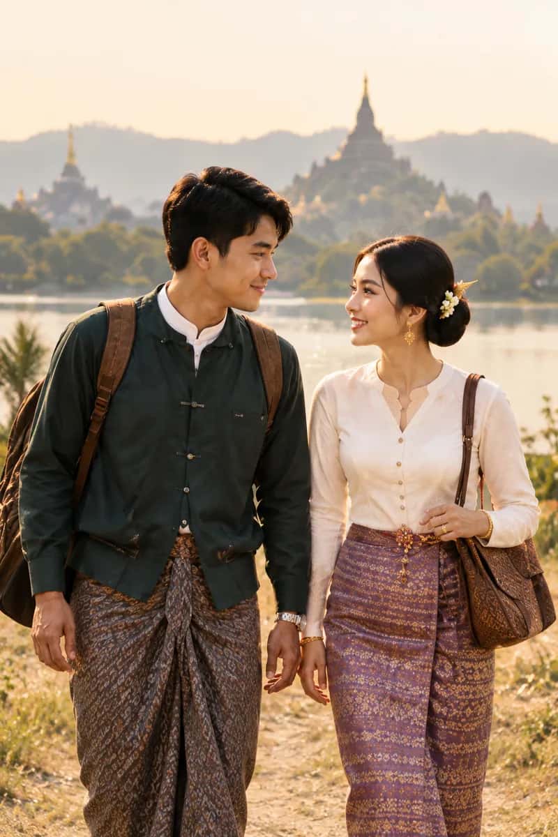 The couple walking by a lake with pagodas behind them