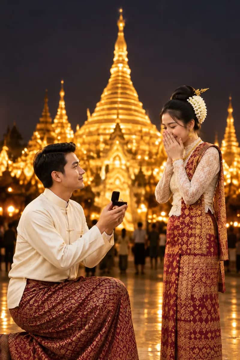 Aung Thura proposing to Hnin Ei Phyu in front of a glowing pagoda